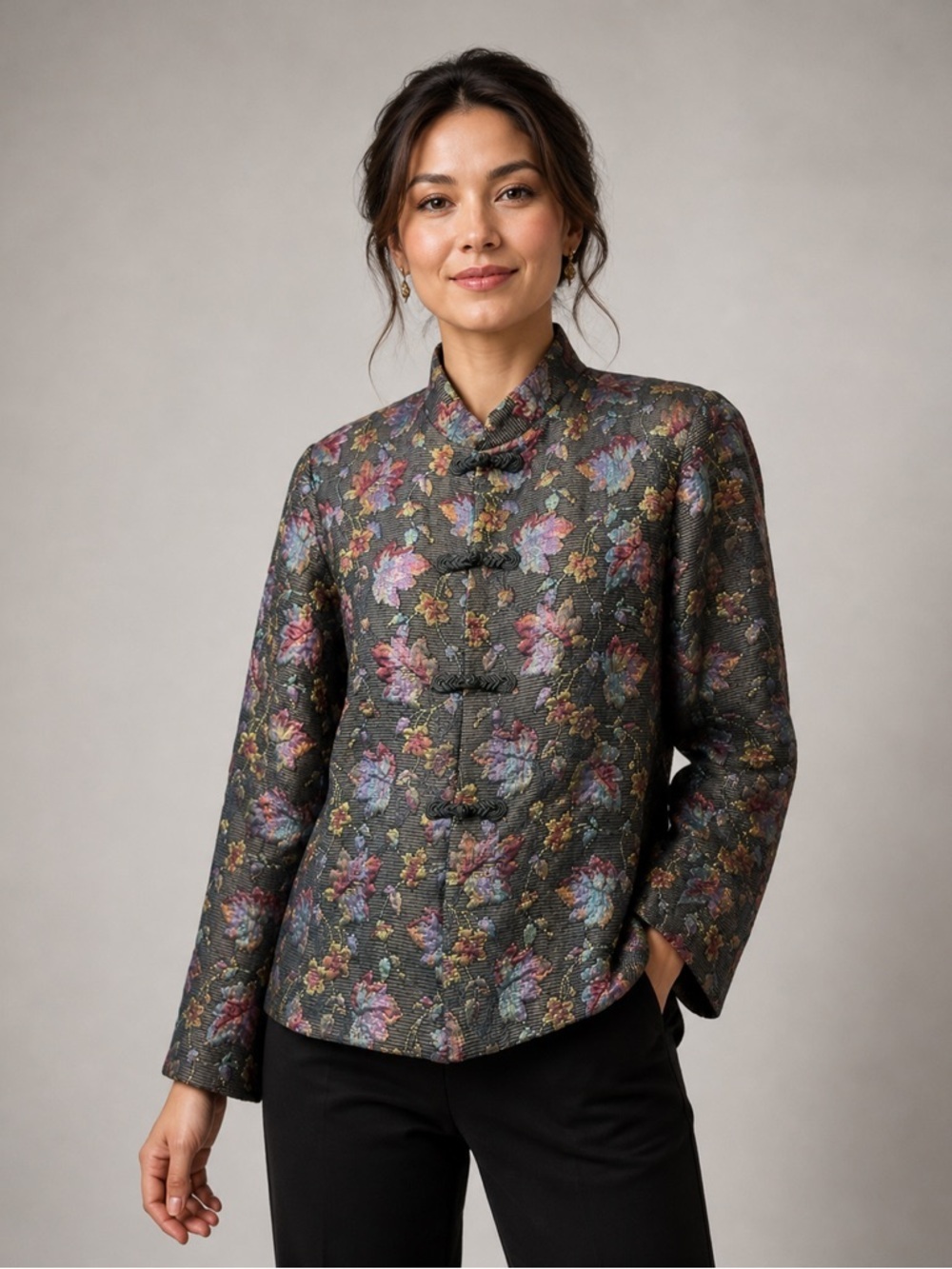 MDL New York Tapestry Brocade Jacket L Purple Black Frog Closure Blazer